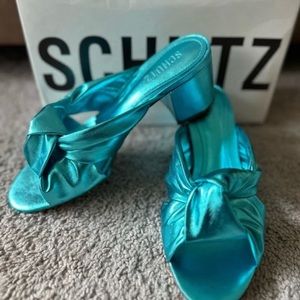 Schutz Mindy Mid Block Metallic Baby in Turquoise